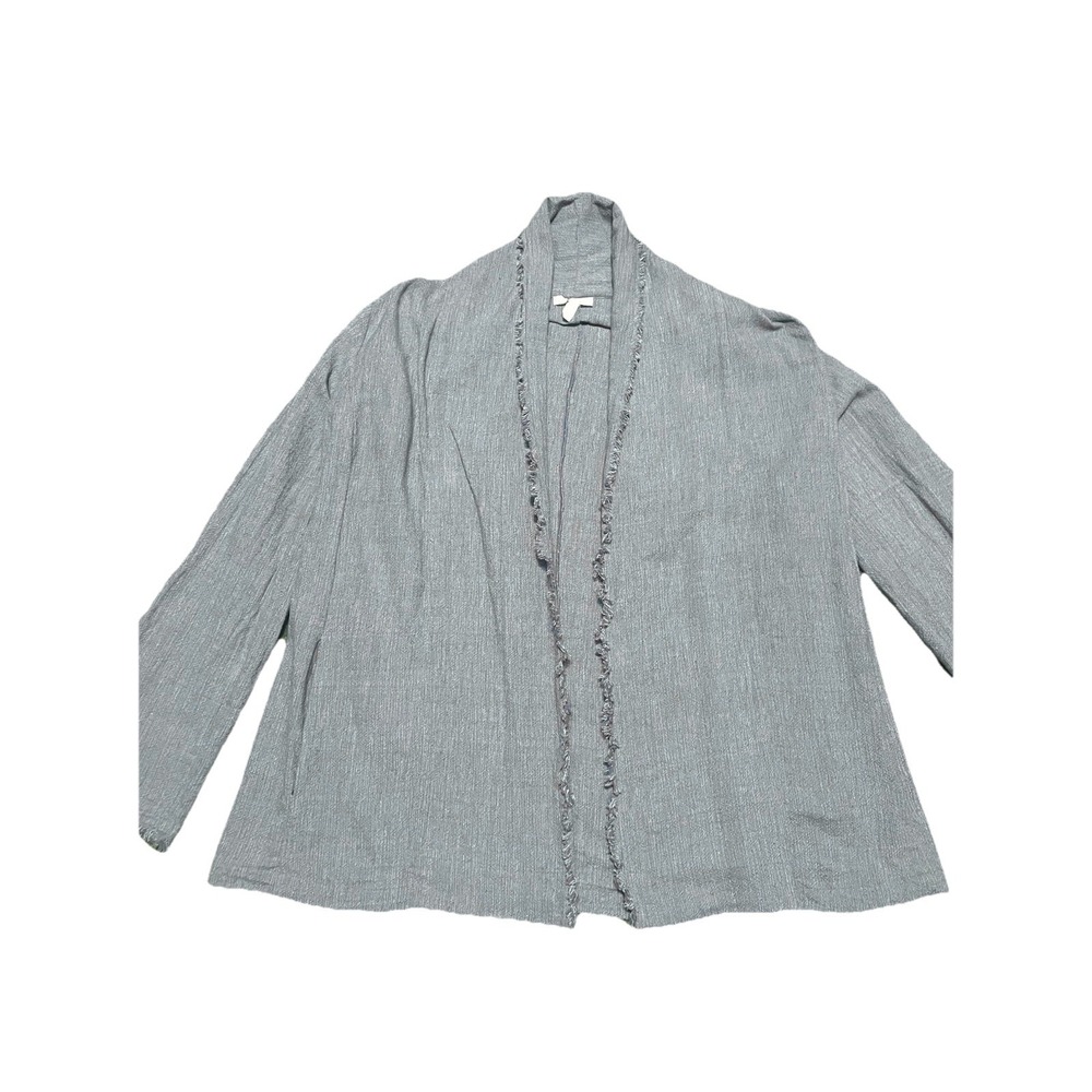 Eileen Fisher Blazer Cotton Jacket Frayed Hem Open Front Tweed Gray Size S